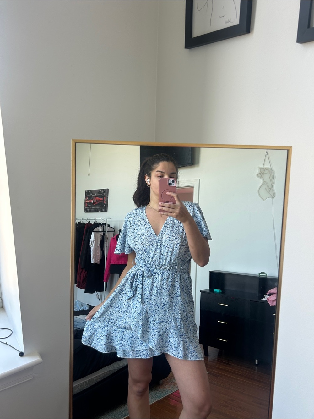 Light Blue Floral Wrap Dress with Tie Waist